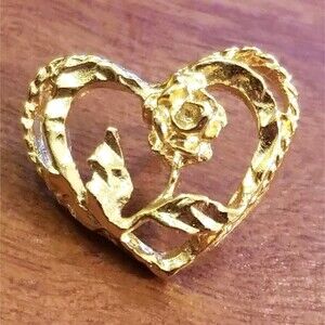 Vintage Gold Tone Open Heart & Rose Pin .75"